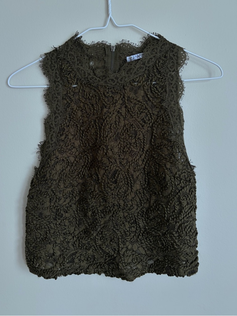 Zara TRF Olive Green Lace Tank Top with Zip-up Back Women’s S